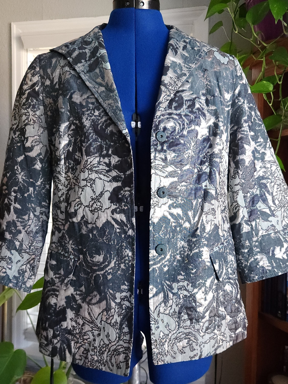 Lafayette 148 NY Metallic Brocade Floral Belted Blazer Jacket Sz 4 Silver Belted